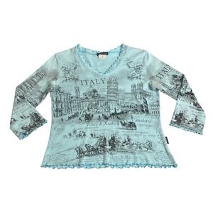 Vintage Y2K Impulse California Top Womens S Blue Paris Bling Ruffle Coquette AOP